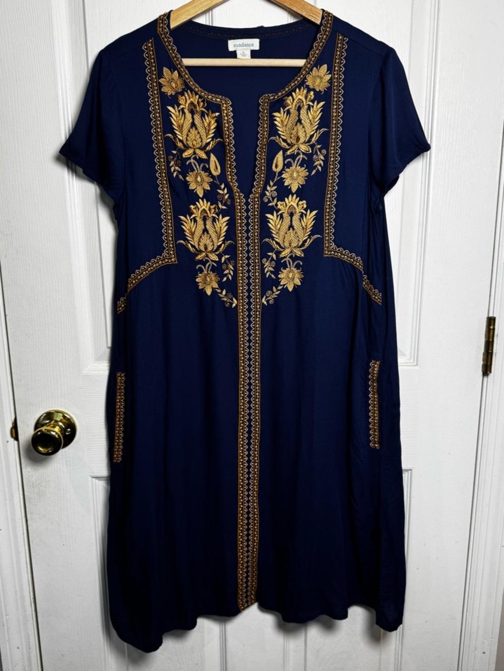 Sundance Navy Gold Embroidered Tunic Dress Size Small Boho Shift Pockets